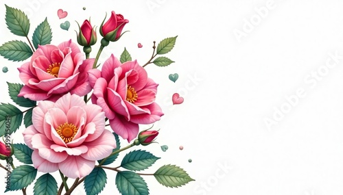 Delicate watercolor roses, intertwined leaves & buds, botanical pattern, background