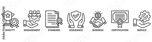 ISO 9001 icon set. Containing icon of quality, management, standard, assurance, business, certification and service icons. Outline vector symbol background.
