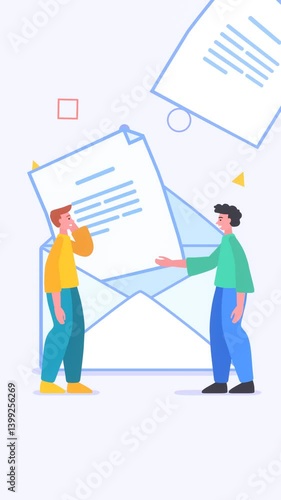 Online communication, encrypted messages, email spam, two people stand near big envelope, mailbox, 2d loop animation