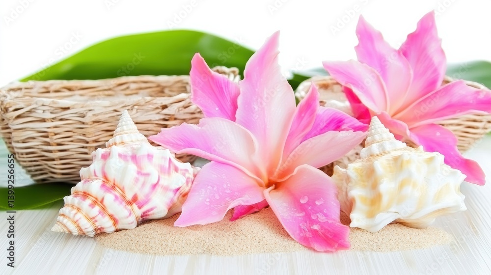 Pink Flowers and Seashells on Sand with Natural Light Pink Flowers and Seashells on Sand with Natural Light