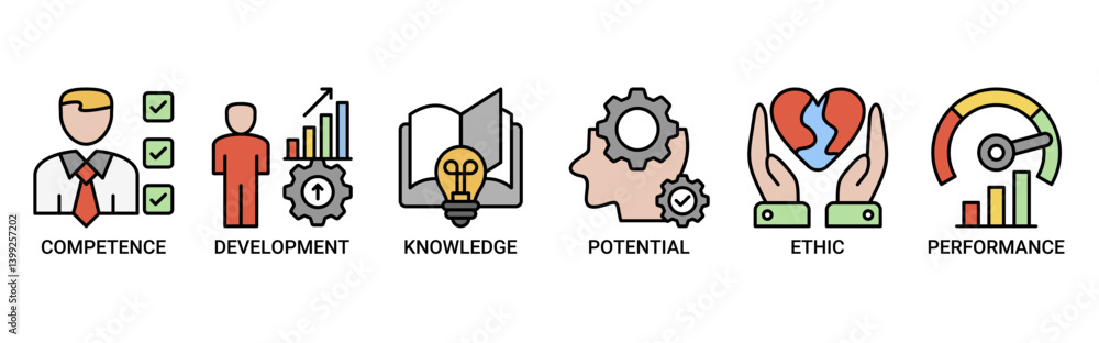 Best practice icon set. Containing icon of competence, development, knowledge, potential, ethic and performance icons. Outline color vector symbol background. Best practice icon set. Containing icon of competence, development, knowledge, potential, ethic and performance icons. Outline color vector symbol background.