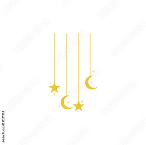 Golden Ramadan arabian lanterns and lamps. Ramadan Kareem with star and crescent hanging lanterns. Vector illustration 