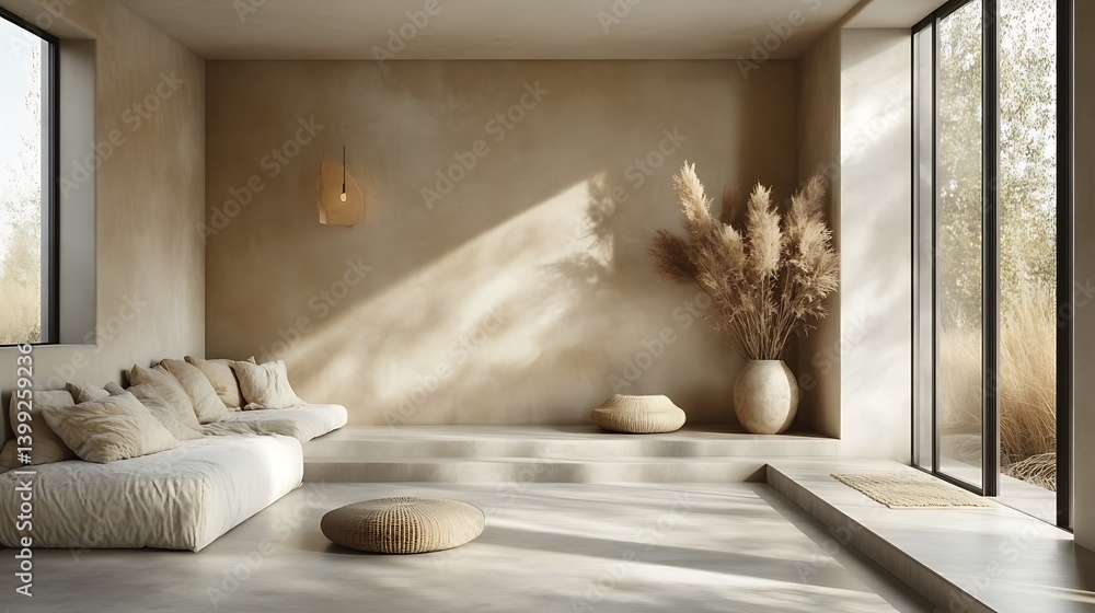 Serene Minimalist Living Space with Earth Tones, Natural Light, and Soft Textures for a Relaxing Interior Design.