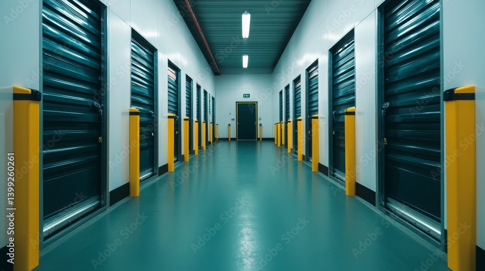 Fototapeta premium A corridor of storage units with teal doors and yellow safety posts, creating a clean and organized appearance.