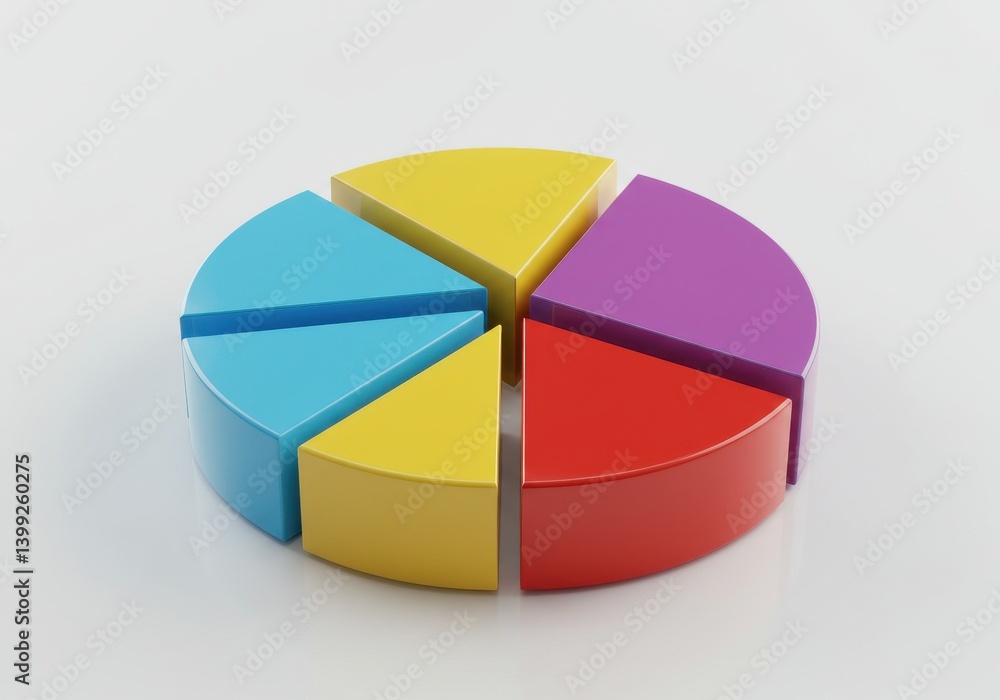 Colorful pie chart with six different sections on a white surface isolated in a studio shot Colorful pie chart with six different sections on a white surface isolated in a studio shot
