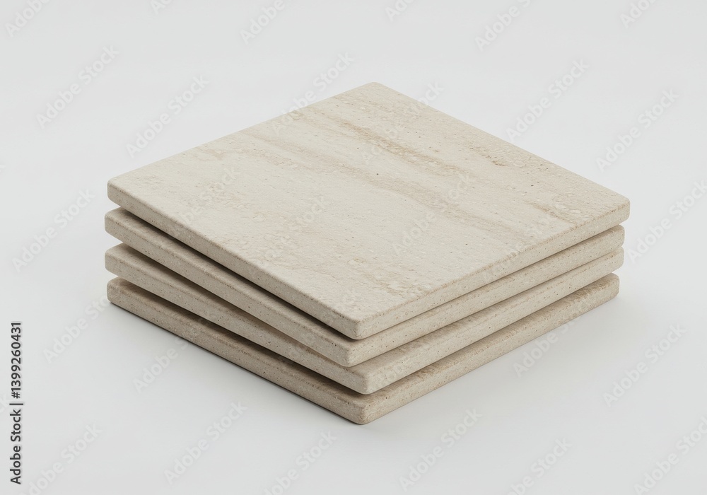 A stack of four square beige tiles sitting on a white surface in a studio setting perfectly lit A stack of four square beige tiles sitting on a white surface in a studio setting perfectly lit
