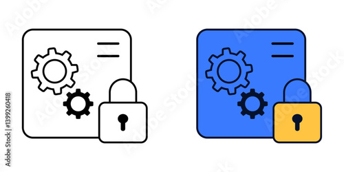 Encryption algorithm icon — outline and color version showing gears with a padlock, symbolizing secure processes, cryptographic systems, and cybersecurity technology.