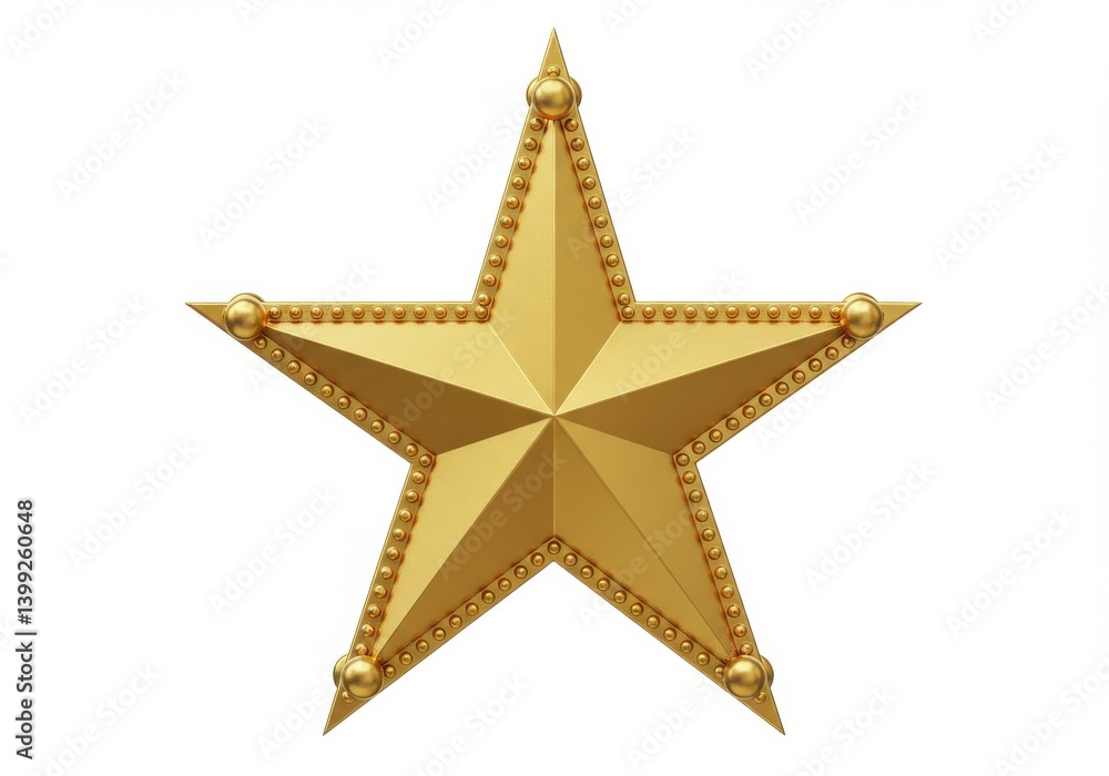 A shiny golden star with beaded edges and spherical accents on a plain white background isolated object A shiny golden star with beaded edges and spherical accents on a plain white background isolated object