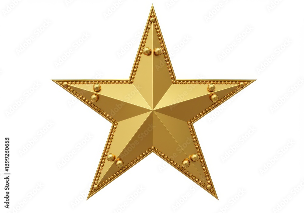 A shiny golden star with small golden beads along the edges isolated on a white background A shiny golden star with small golden beads along the edges isolated on a white background