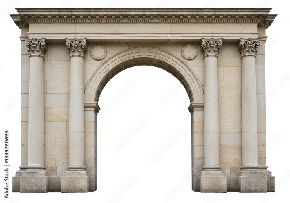 Obraz premium Ornate stone archway with columns and decorative molding against a white background isolated image