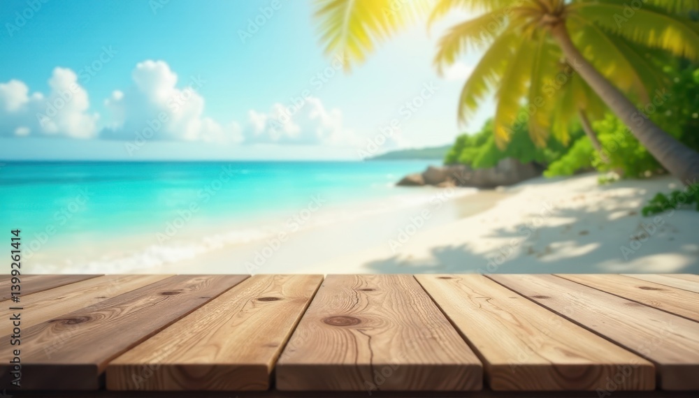 Fototapeta premium Sunny tropical beach with blurred ocean Rustic wooden tabletop for product showcasing , vacation, display
