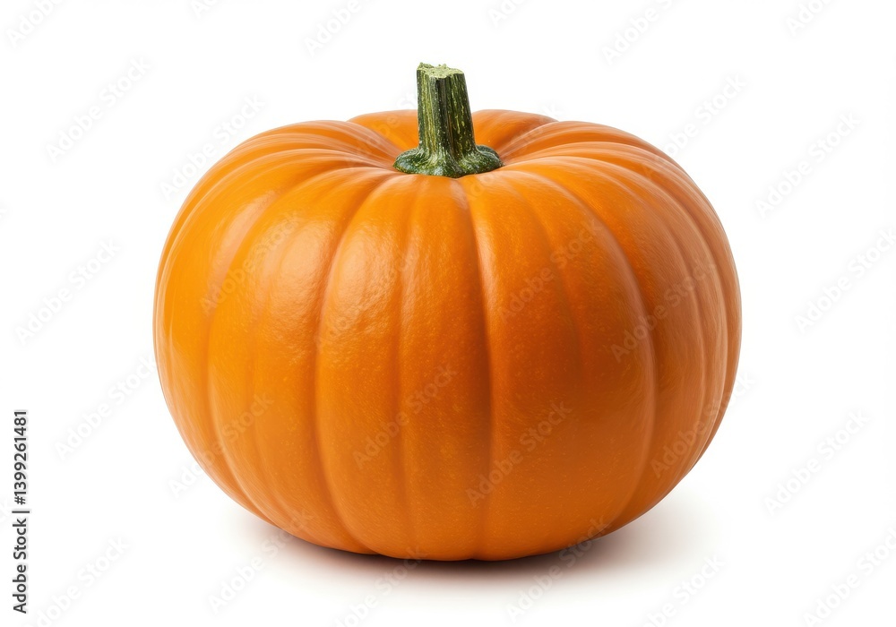 Obraz premium A single orange pumpkin with a green stem isolated on a plain white background in studio lighting