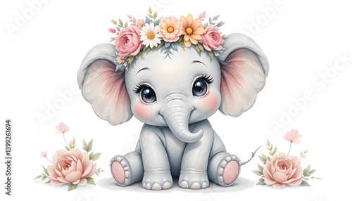 Fototapeta Naklejka Na Ścianę i Meble -  Adorable baby elephant with flower crown, big eyes, pastel colors, and watercolor style on soft background.