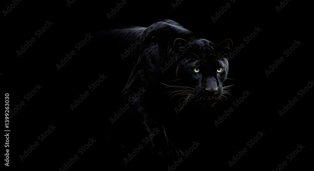 Obraz premium A black panther in a hunting posture, showcasing its sleek, powerful body against a completely dark background