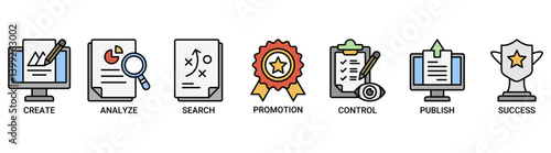 Content strategy icon set. Containing icon of create, analyze, planning, promotion, control, publish and success icons. Outline color vector symbol background.