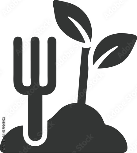 Isolated Glyph Art of a Young Plant with Soil and a Fork in Dark Gray Color