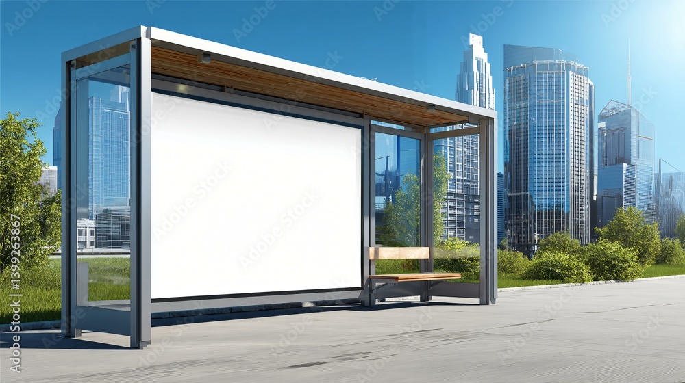 Close-up of a blank white billboard above a bus stop, clear morning sky, modern cityscape, ad-ready space Close-up of a blank white billboard above a bus stop, clear morning sky, modern cityscape, ad-ready space