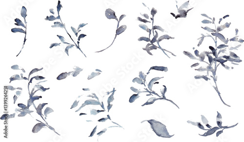 水彩画。水彩タッチののモノクロベクター草木イラスト。シンプルな草木装飾フレーム。Watercolor painting. Black and white vector illustration of plants and trees with watercolor touch. Simple grass tree decorative frame.