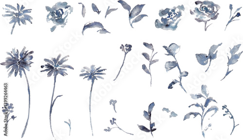 水彩画。水彩タッチののモノクロベクター草木イラスト。シンプルな草木装飾フレーム。Watercolor painting. Black and white vector illustration of plants and trees with watercolor touch. Simple grass tree decorative frame.