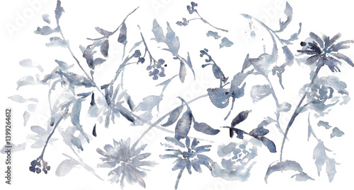 水彩画。水彩タッチののモノクロベクター草木イラスト。シンプルな草木装飾フレーム。Watercolor painting. Black and white vector illustration of plants and trees with watercolor touch. Simple grass tree decorative frame.