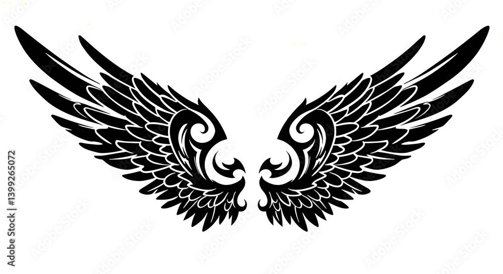 Obraz premium A stylized, black and white illustration of ornate wings