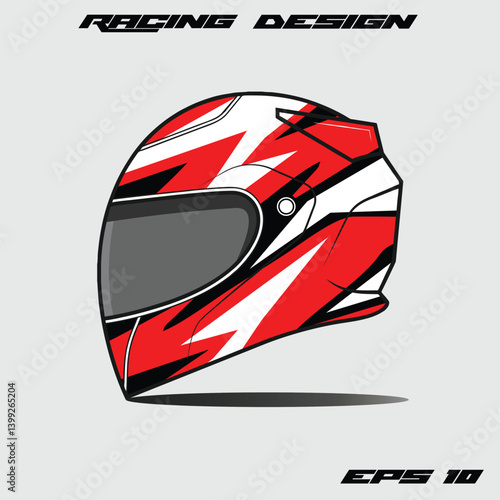 Racing helmet design featuring bold red and white graphics on a gray background, ideal for motorsport themes