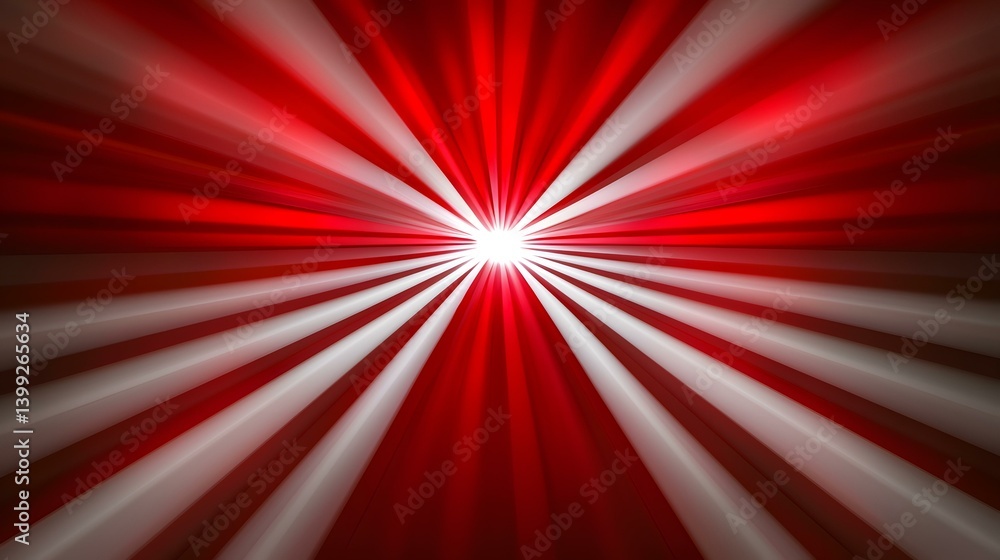 Fototapeta premium The image contains an abstract design of radiating red and white stripes converging towards a bright white center point, creating a burst or starburst effect.