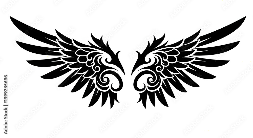 Fototapeta premium Black and white illustration of ornate wings