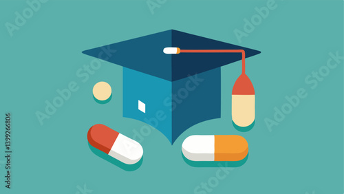 Lost Opportunities An of a graduation cap and diploma buried under prescription pills highlighting how addiction can derail education and future prospects.