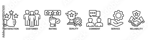 Feedback icon set. Containing icon of satisfaction, customer, rating, quality, comment, service and reliability icons. Outline vector symbol background.