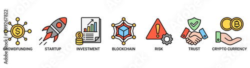 Initial coin offering icon set. Containing icon of crowdfunding, startup, investment, blockchain, risk, trust and cypto currency icons. Outline color vector symbol background.