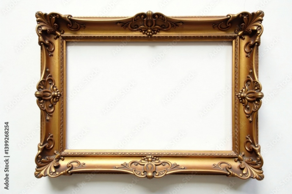 Intricate gold frame, aged patina, clean white backdrop, picture frame, gilded, gold leaf Intricate gold frame, aged patina, clean white backdrop, picture frame, gilded, gold leaf