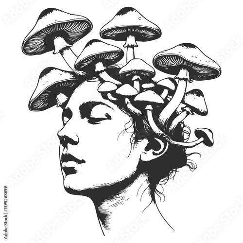 Person with mushrooms growing from their head, whimsical, fantasy concept, suitable for nature, surreal, mental health, artistic projects. Imitation of scratchboard engraving
