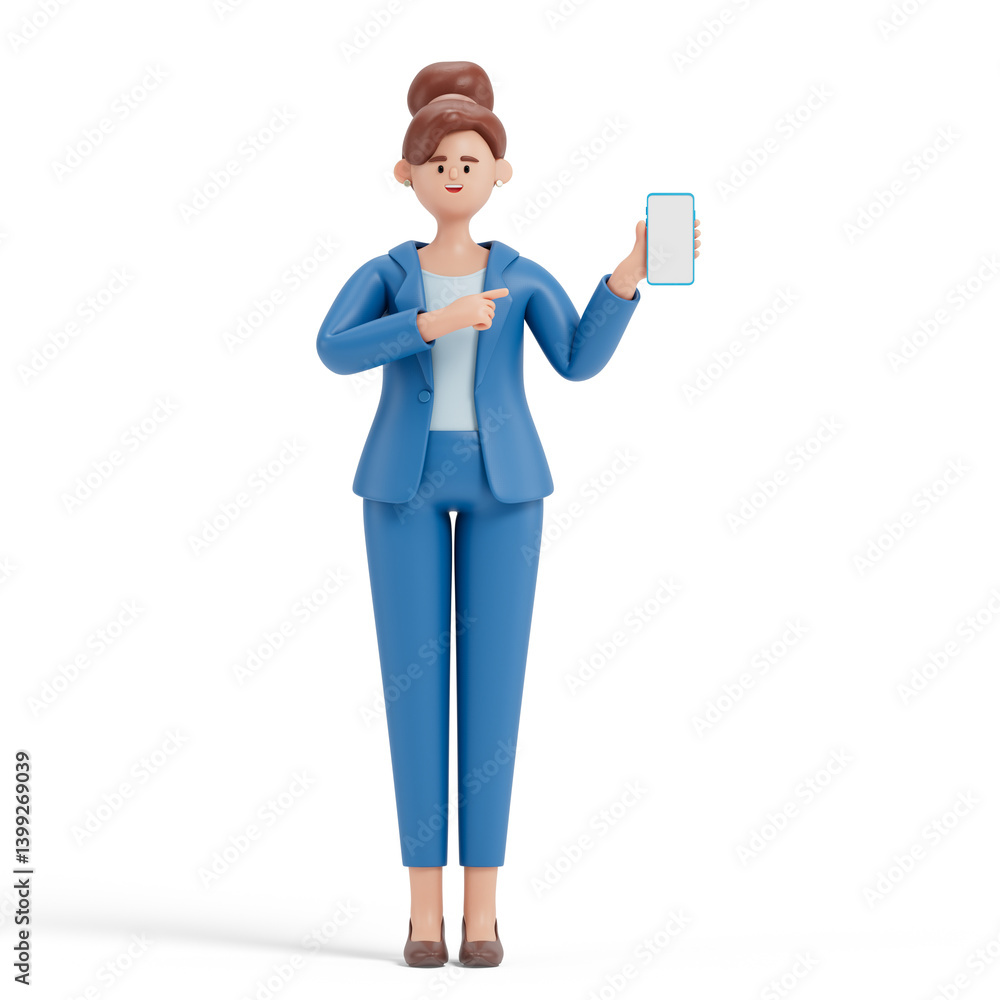 Businesswoman pointing to blank phone screen, symbolizing presentation or idea sharing. 3D rendering, conceptual image. Isolated on white background. Businesswoman pointing to blank phone screen, symbolizing presentation or idea sharing. 3D rendering, conceptual image. Isolated on white background.