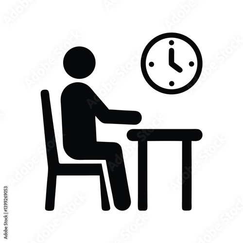 Black Pictogram of Person Sitting at Desk with Clock on Transparent Background
