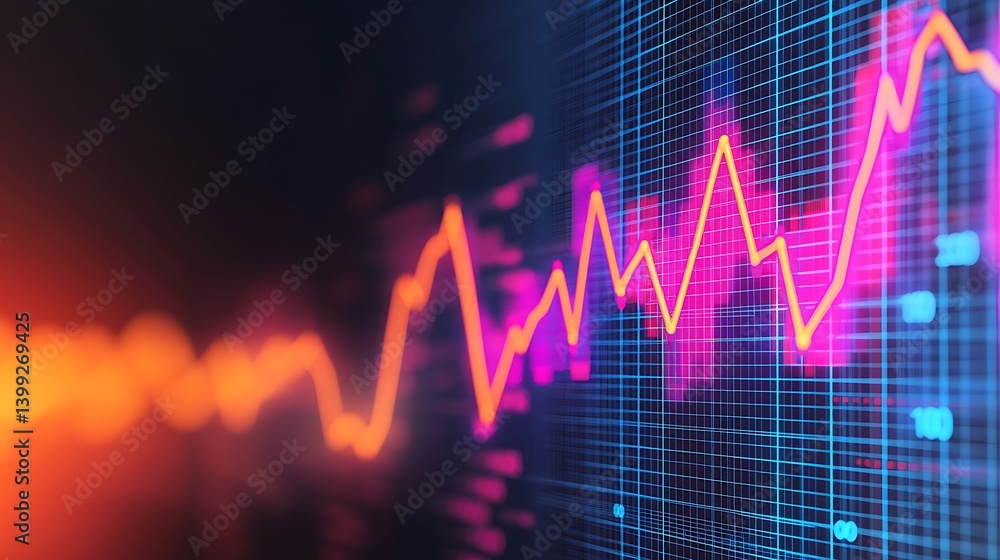 Abstract Financial Chart with Glowing Lines and Grid: Analyzing Market Data Trends Visualization.