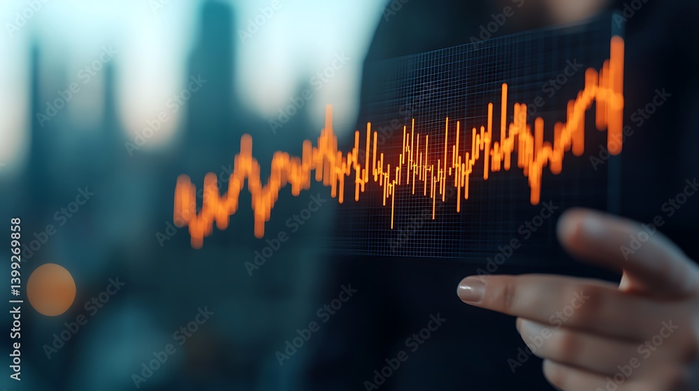 Abstract Financial Growth: Glowing Orange Line Graph Displaying Market Trends and Data Analysis Insights with Hand.
