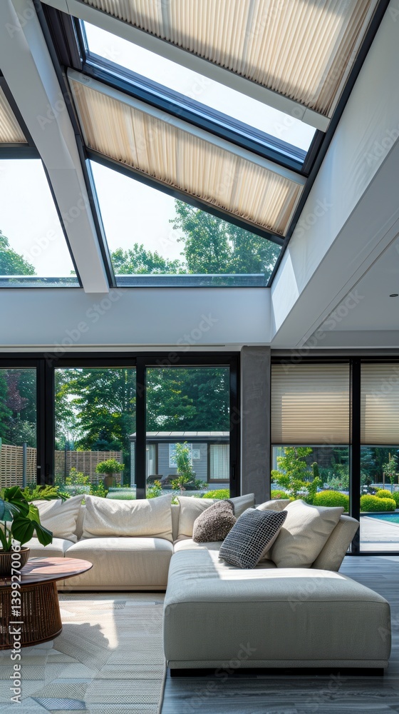 Fototapeta premium Modern living room with skylights, garden view, and patio doors
