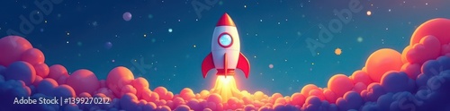 Cute cartoon rocket ship ready for lift-off, simple lines , galaxy, spaceship