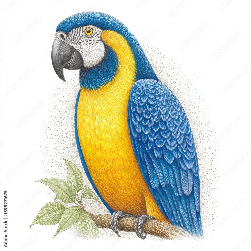 Fototapeta premium Detailed Illustration of a Blue and Yellow Macaw Perched on a Branch