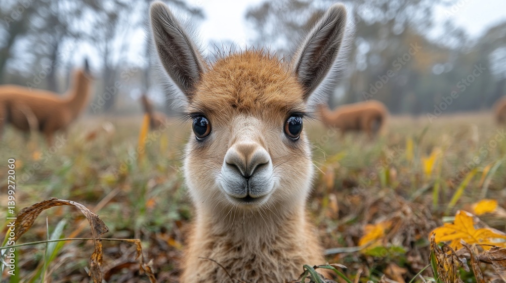 Fototapeta premium Adorable Vicu?a Calf in Autumn Meadow