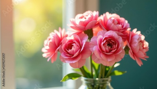 Several pink carnations in a vase, sunlit scene , blossom, beautiful