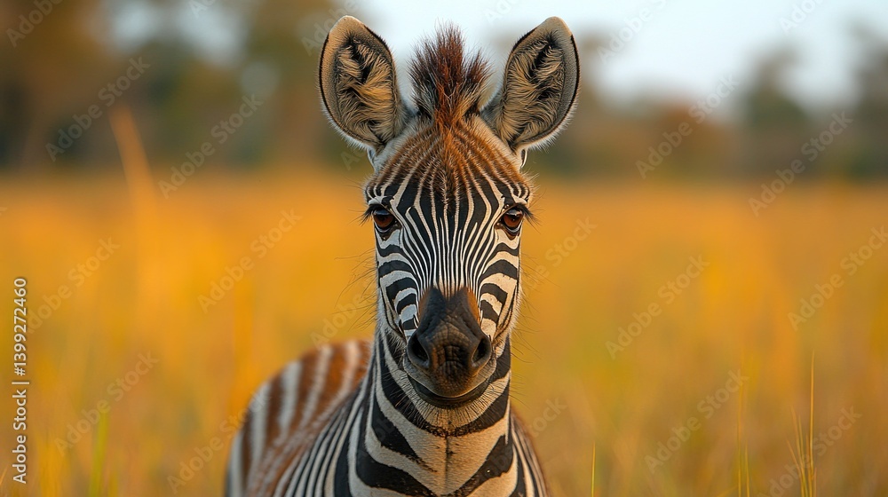 Naklejka premium Stripes in the Golden Savanna: A Young Zebra's Portrait