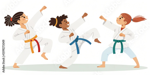 Cartoon Karate Characters in Action – Martial Arts Vector Illustration with Dynamic Poses