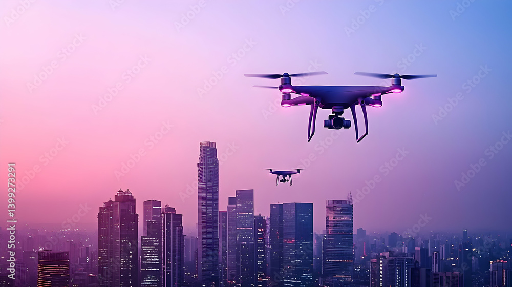 Drone Aerial View Of City Skyline At Sunrise Drone Aerial View Of City Skyline At Sunrise