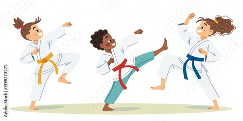 Cartoon Karate Characters in Action – Martial Arts Vector Illustration with Dynamic Poses
