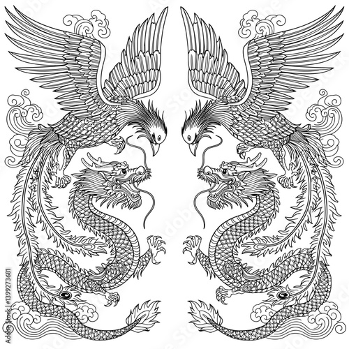 Symmetrical Line Art: Dragon and Phoenix Entwined