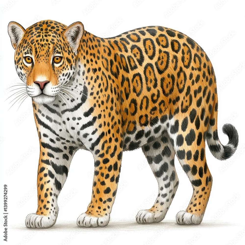 Obraz premium Detailed Illustration of a Jaguar with Tawny Fur and Black Rosettes on White Background