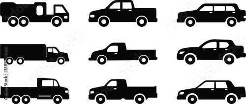 Vector set of auto icons and car silhouettes for transportation design