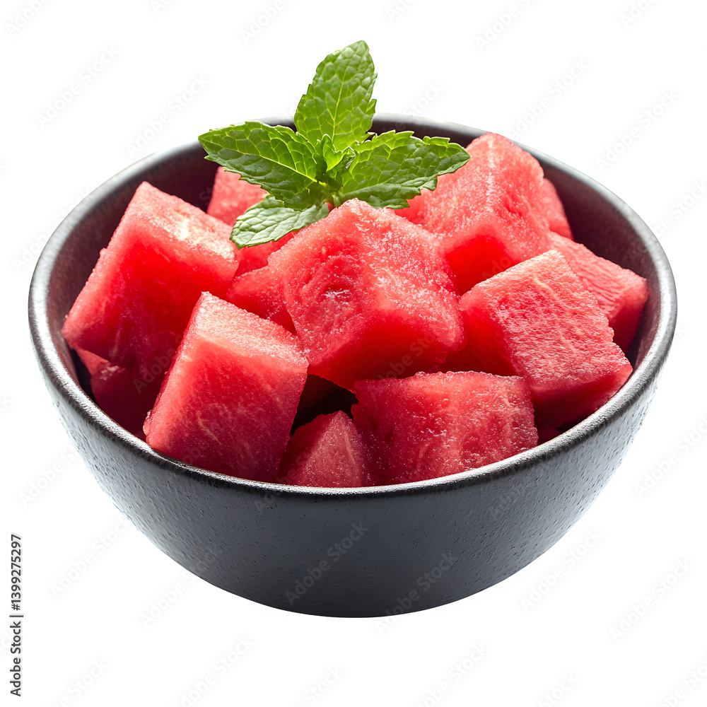 Bowl of watermelon cubes with mint leaves isolated on white background